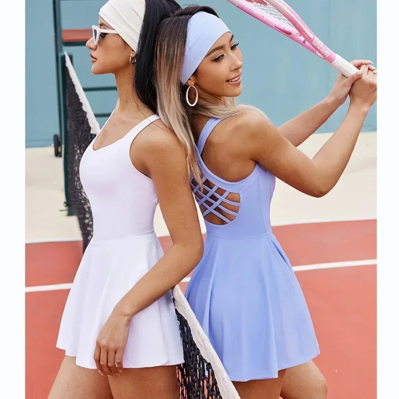 Women Tennis Dress One-Pieces Slim Fit Soft Sports Sets Golf Badminton Skorts Back Cross Tracksuits With Chest Pads Yoga Suits O Good Vibrations