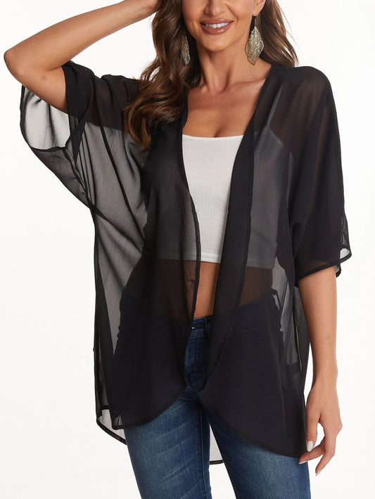 Women's Plus Size Floral Print Lightweight Chiffon Kimono Cardigan Short Sleeve Loose Beach Wear Cover Up Blouse pure color Top Good Vibrations