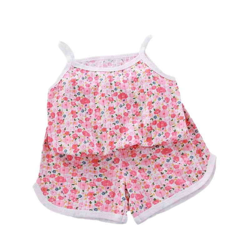 Girls Summer Clothes Sets New Baby Sleeveless Tops Shorts 2 Pieces Suit Girls Square Collar Clothing Set Kids Cotton Clothes Good Vibrations