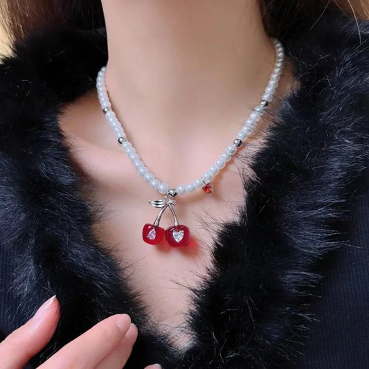 Exquisite Heart Cherry Jewelry Set Pendant Vintage Cherry Necklace Chic Elegant Crystal Ear Studs Gift Good Vibrations