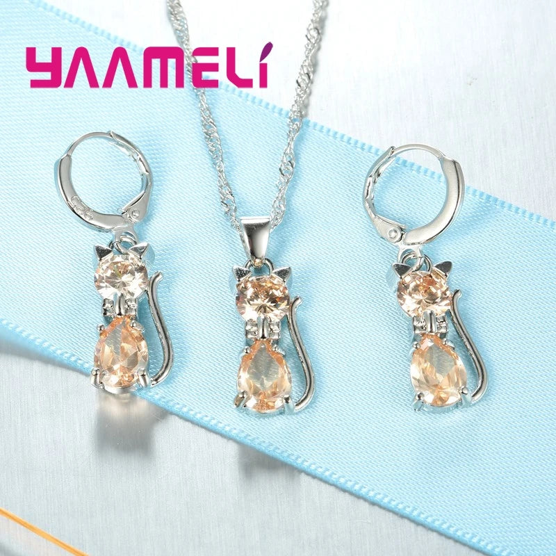 Real 925 Sterling Silver Color Jewelry Sets for Woman Girls Shining Austrian Crystal Cute Cat Pendant Necklace Huggie Earring Good Vibrations