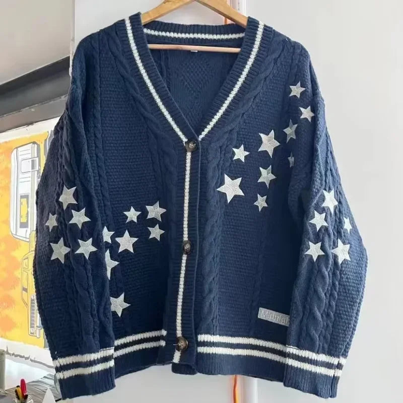 Y2k Sweaters Women Autumn Star Embroidery Midnight Blue Cardigan Fashion Warm Loose Fit Lover Cotton Knitted Cardigans Women Good Vibrations