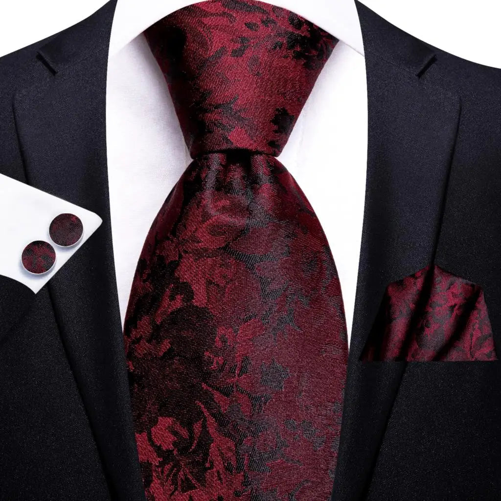Hi-Tie Designer Red Burgundy Plaid Silk Wedding Tie For Men Handky Cufflink Gift Mens Necktie Fashion Business Party Dropshiping Good Vibrations
