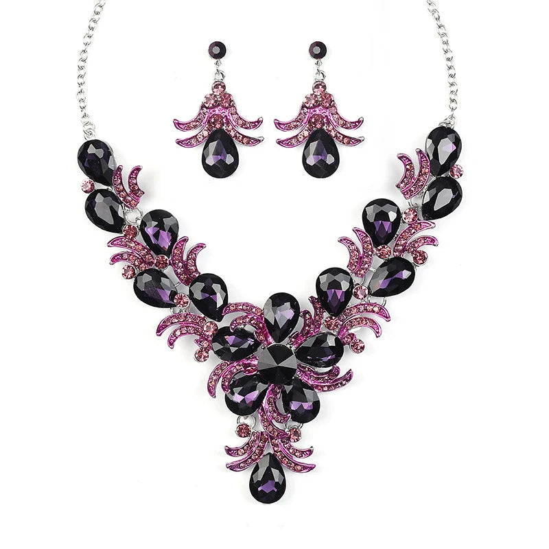 Purple Jewelry Set Wholesale Wedding Accessories Luxury Crystal Rhinestone Flower Statement Earrings and Necklace for Women Good Vibrations