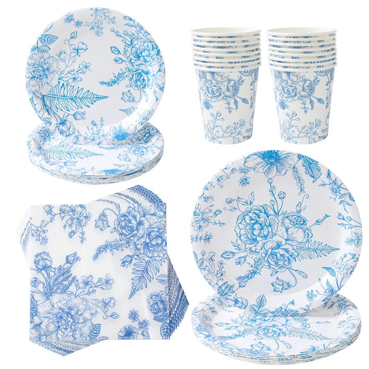 Blue Floral Disposable Tableware Paper Plate Birthday Party Decor Kids Boy Wedding Birthday Party Supplies Favors Baby Shower Good Vibrations