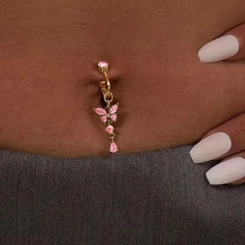 Clip On Belly Button Ring Butterfly Copper Zircon Pink Fake Belly Piercing Umbilical Navel Body Jewelry Trendy Fashion Style Good Vibrations Adult Super Store