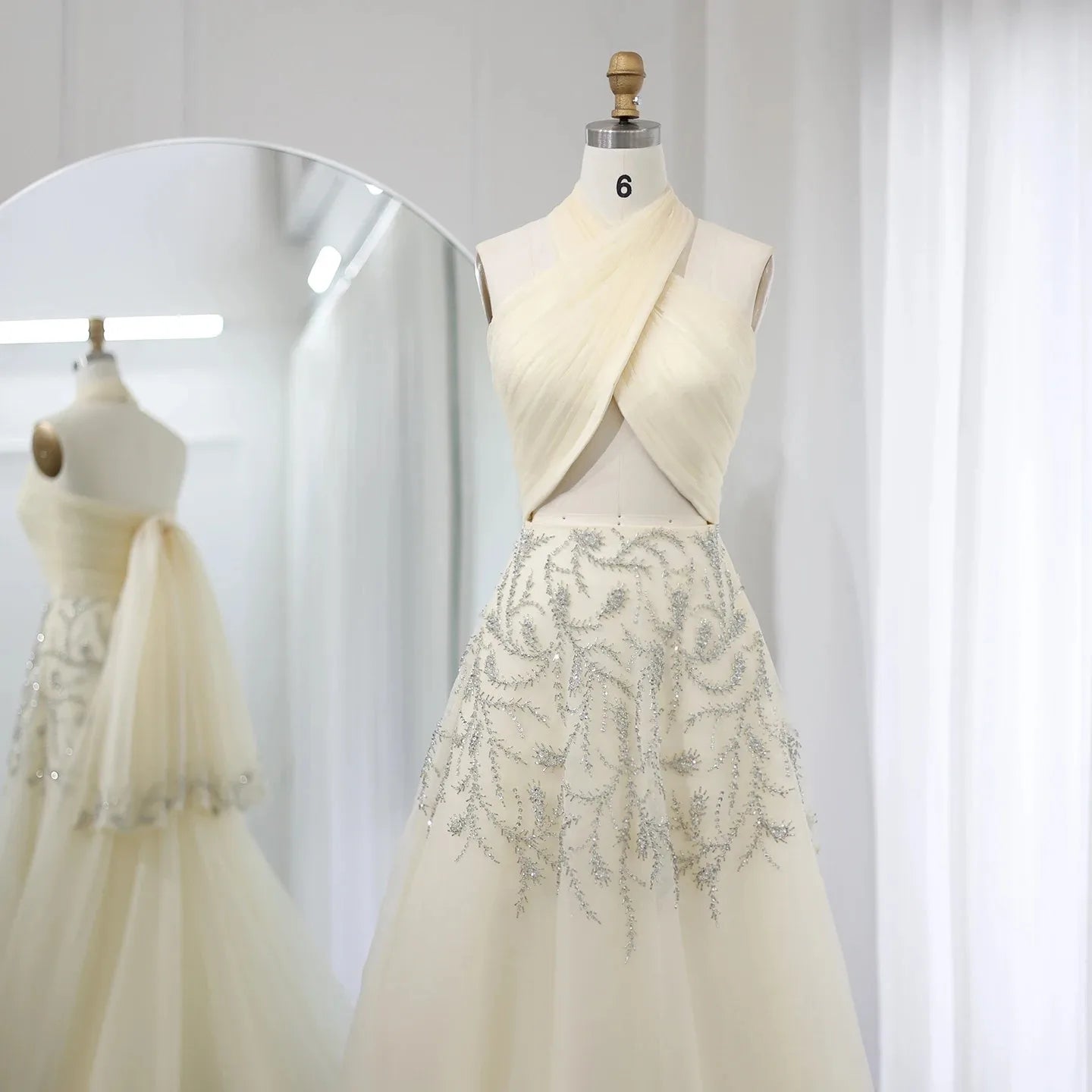 Sharon Said Saudi Arabic Beige Halter Evening Dresses for Wedding Dubai Crystal Long Formal Gowns Party Dress SS444 Customized