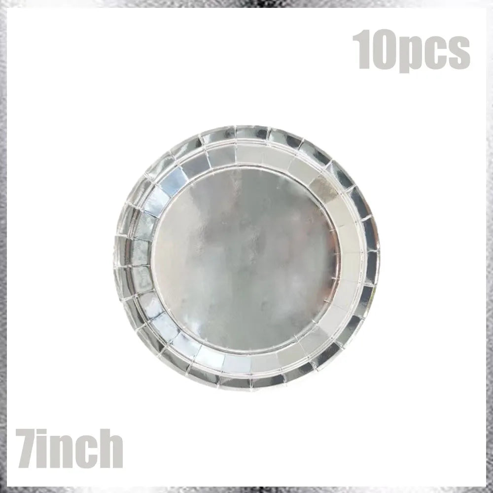 Birthday Party Decor Silver Paper Plates Banner Tablecloth Disposable Tableware Set Baby Shower Wedding Bachelor Party Supplies Good Vibrations