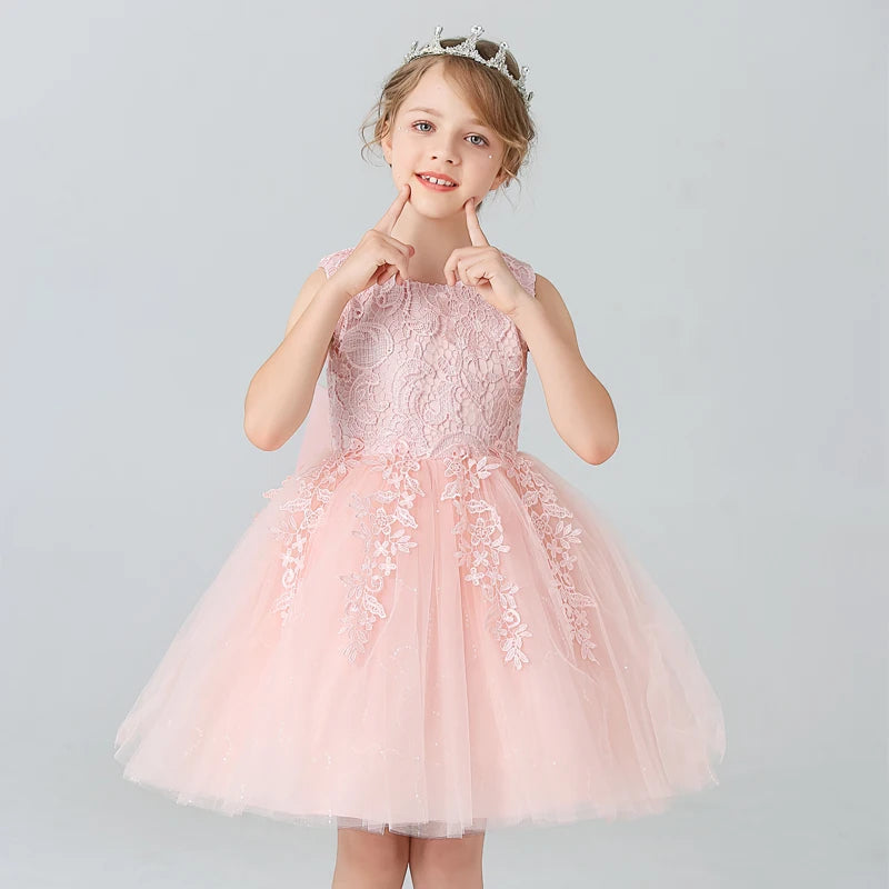 BX8991 White Lace Flower Girl Dress Bows Children's First Communion Dress Girls Sleeveless Princess Dresses Good Vibrations