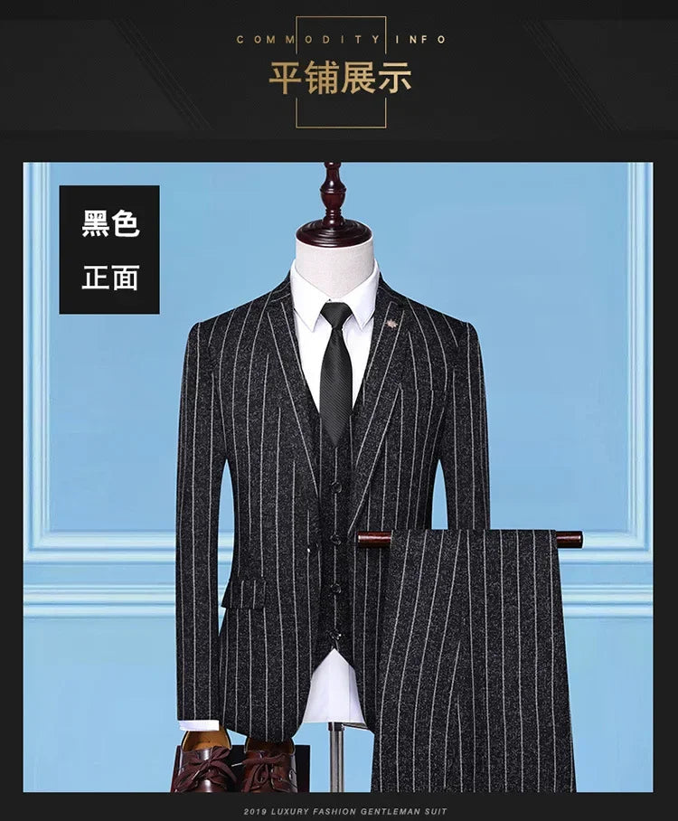 2025 Suit (suit + Vest + Trousers) Single Button Fashion Business Vertical Stripe Gentleman Suit Korean Suit Three-piece Suit Good Vibrations