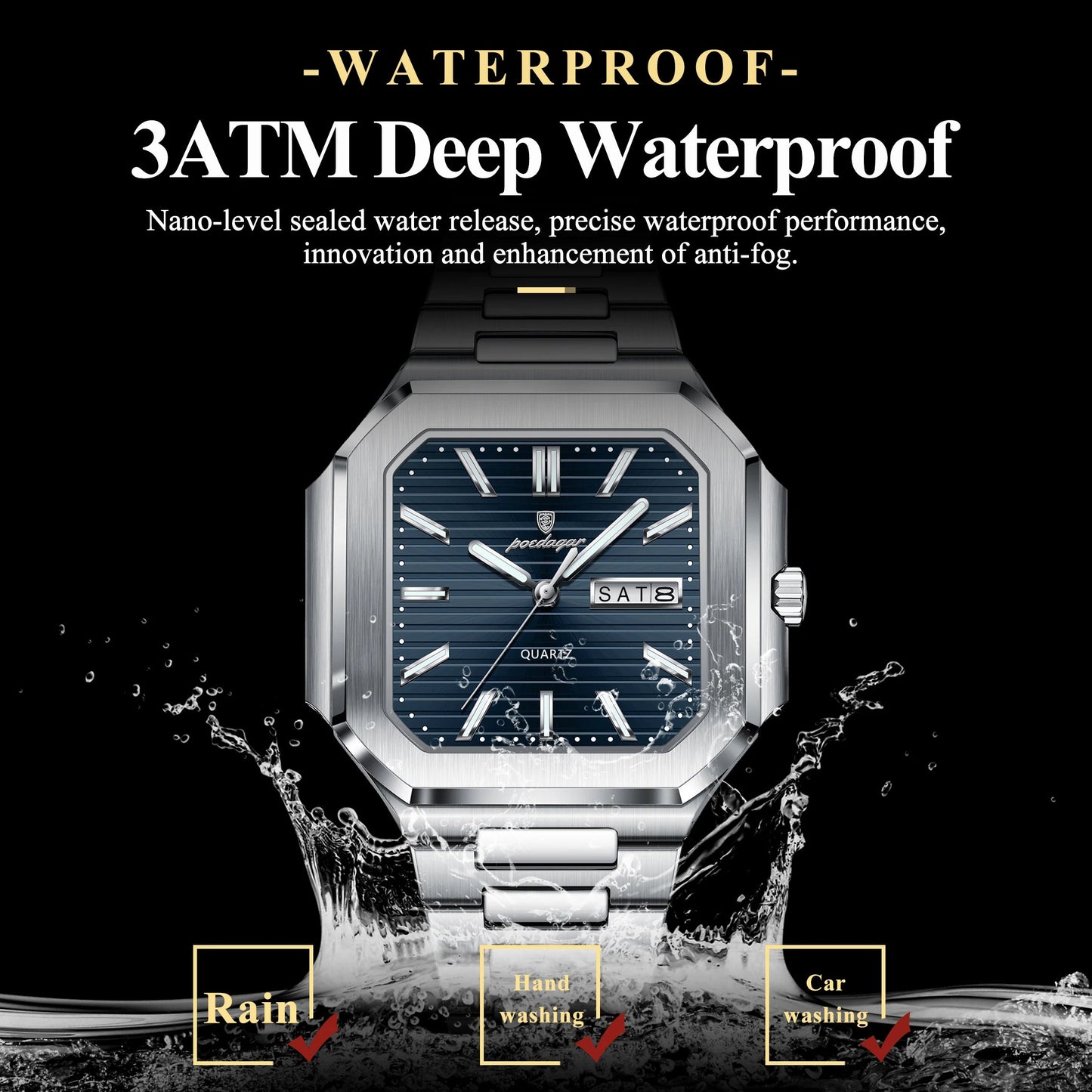 POEDAGAR Luxury Square Fashion Man Wristwatch Waterproof Luminous Date Week Quartz Men's Watches Stainless Steel Men Watch Reloj Good Vibrations