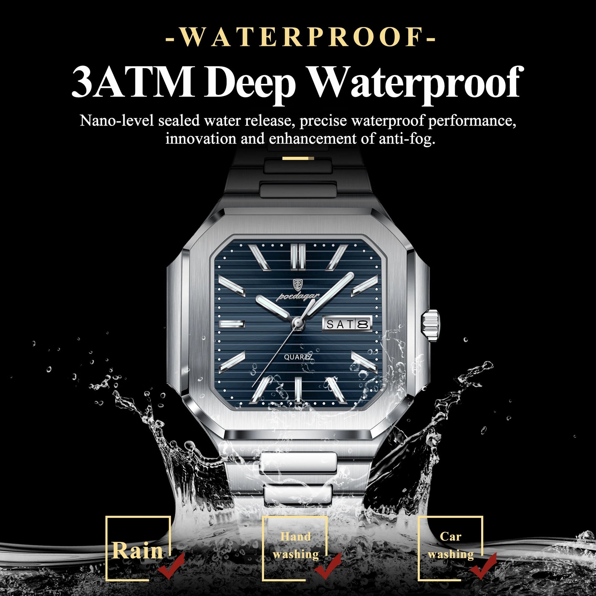 POEDAGAR Luxury Square Fashion Man Wristwatch Waterproof Luminous Date Week Quartz Men's Watches Stainless Steel Men Watch Reloj Good Vibrations