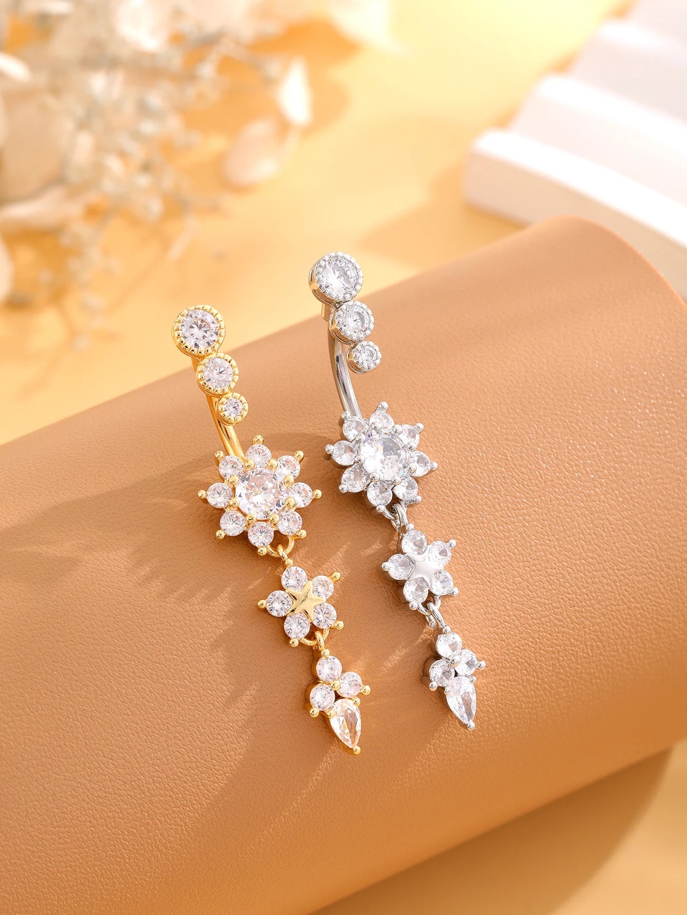 Gold Color Stainless Steel Belly Button Ring Long Dangled Flower CZ Crystal Navel Belly Piercing Rings for Women Sexy Jewelry Good Vibrations Adult Super Store