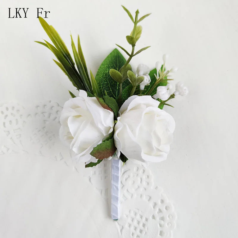 White Boutonniere Wedding Accessories Groom Buttonhole Wrist Corsage Brooch Flowers Artificial Silk Roses Bridesmaids Bracelets Good Vibrations