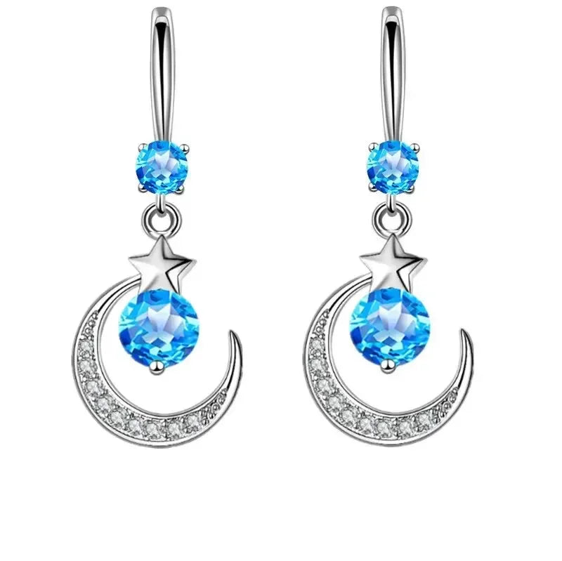 Female Fashion Star Moon Earrings 925 Sterling Silver White Sapphire Pink Blue White Artificial Dangle Earrings Good Vibrations Adult Super Store