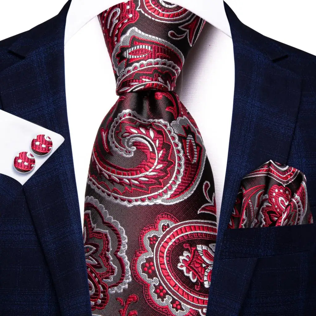 Hi-Tie Designer Red Burgundy Plaid Silk Wedding Tie For Men Handky Cufflink Gift Mens Necktie Fashion Business Party Dropshiping Good Vibrations