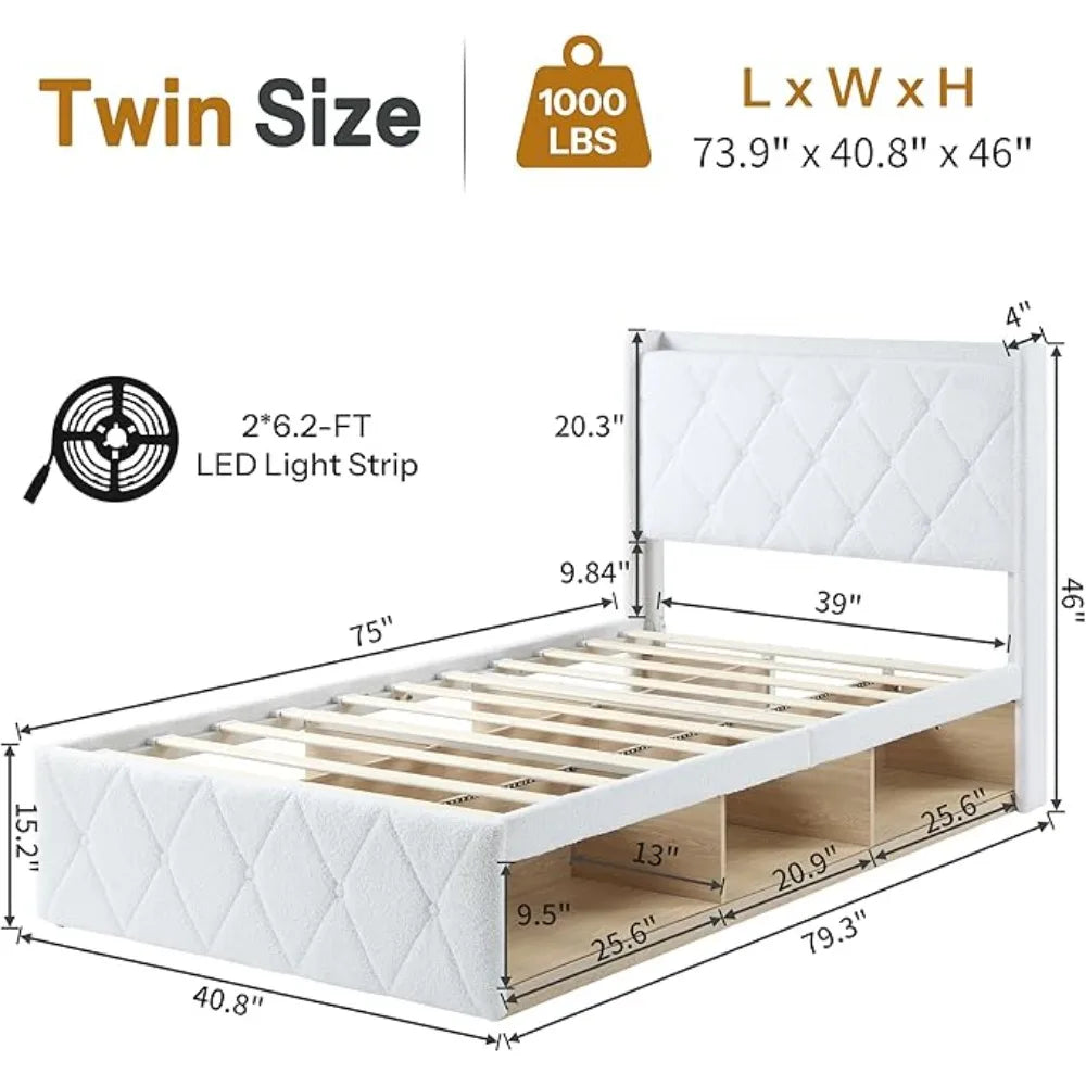 Bed Frame with 6 Storage Cabinet and LED Lights, Boucle Upholstered Button Tufted Headboard - Includes Charging Station Good Vibrations