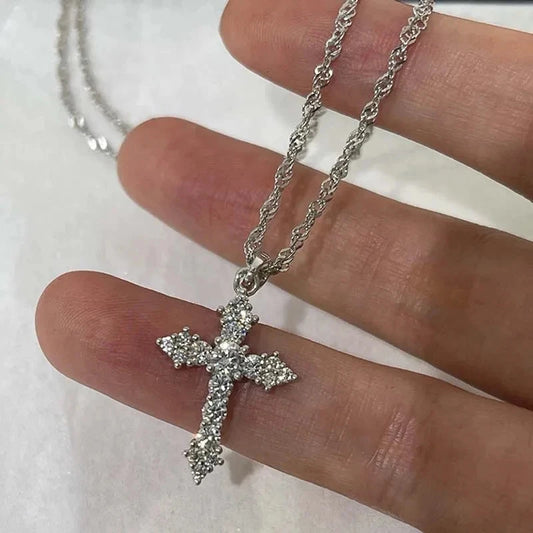 Shiny Crystal Zircon Cross Pendant Necklace for Women Girls Punk Silver Color Thin Chain Necklace Party Jewelry Birthday Gift Good Vibrations