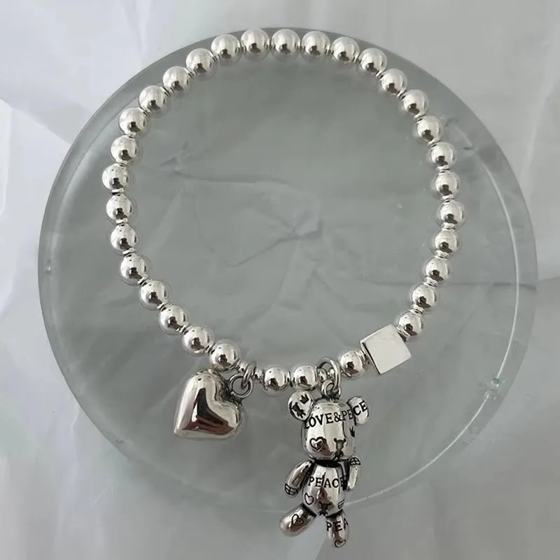 925 Sterling Silver Bracelets for Women String of Beads Accessories Trend Vintage Simple Cute Bear Pendant Party Jewelry Good Vibrations