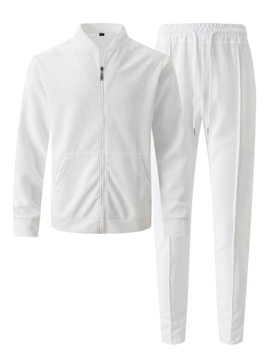 Autumn Winter Men's Casual Blazer Set New Fashion Waffle Baseball Suit Round Neck Pocket Zipper Long Sleeve Trousers Two-Piece S Good Vibrations