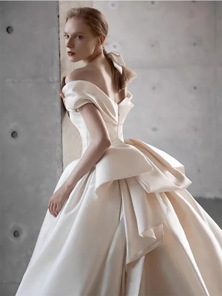 2025 Wedding Dress White Bride Satin Off The Shoulder Floor Length Elegant Strapless Big Bow Women Luxury Simple 원피스 웨딩드레스