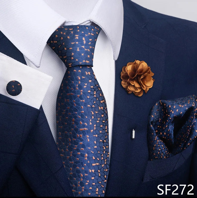 Luxury Mens Ties Floral Black Gold Ties Paisley NeckTie Pocket Square Cufflinks Brooch Set Men's Wedding Party Tie Good Vibrations
