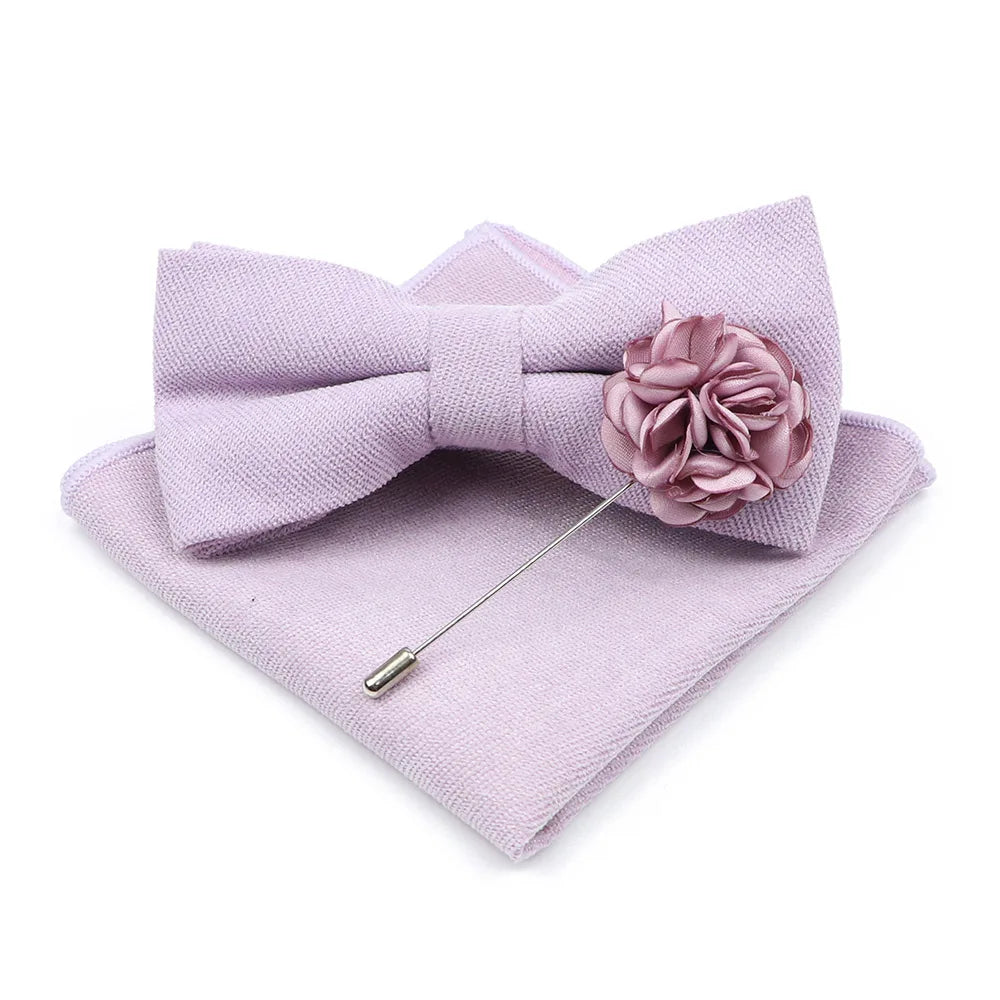 Mens Solid Color Cotton Bowtie Pocket Square Brooch Sets Pink Blue Super Soft Suede Bow Tie Handkerchief For Wedding Party Gift Good Vibrations