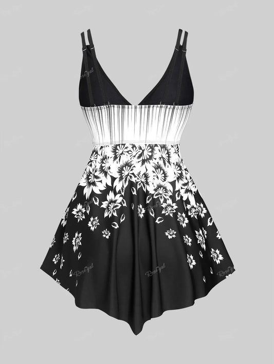 Rosegal plus Size Women's Stripes Flower Printed Backless Padded Modest Tankini Swimsuit Good Vibrations