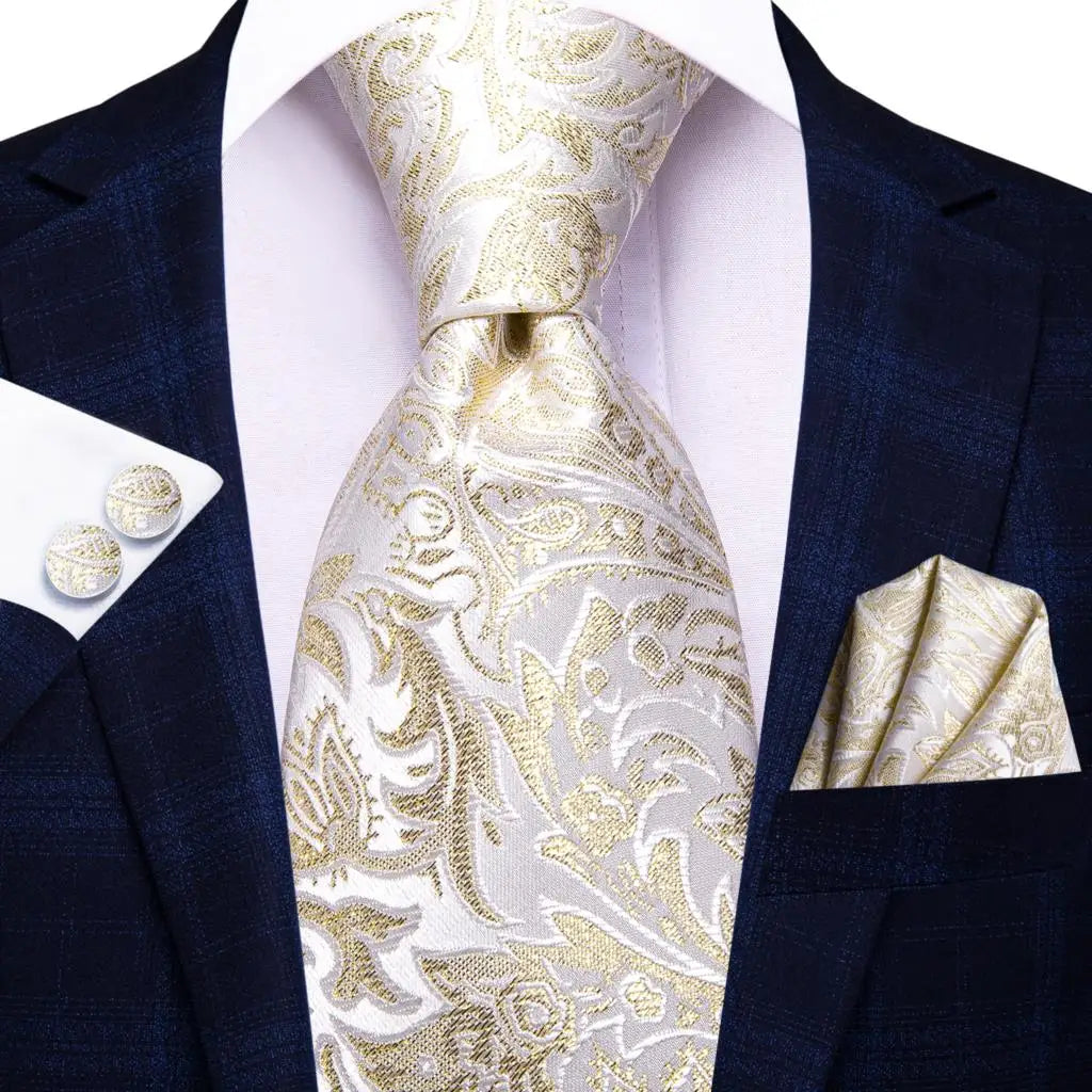 Men's Ties White Sliver Hanky Cufflinks Set Silk Neck ties For Men Wedding Party Business Mens Tie 2022 New Fashion Brand Hi-Tie Good Vibrations