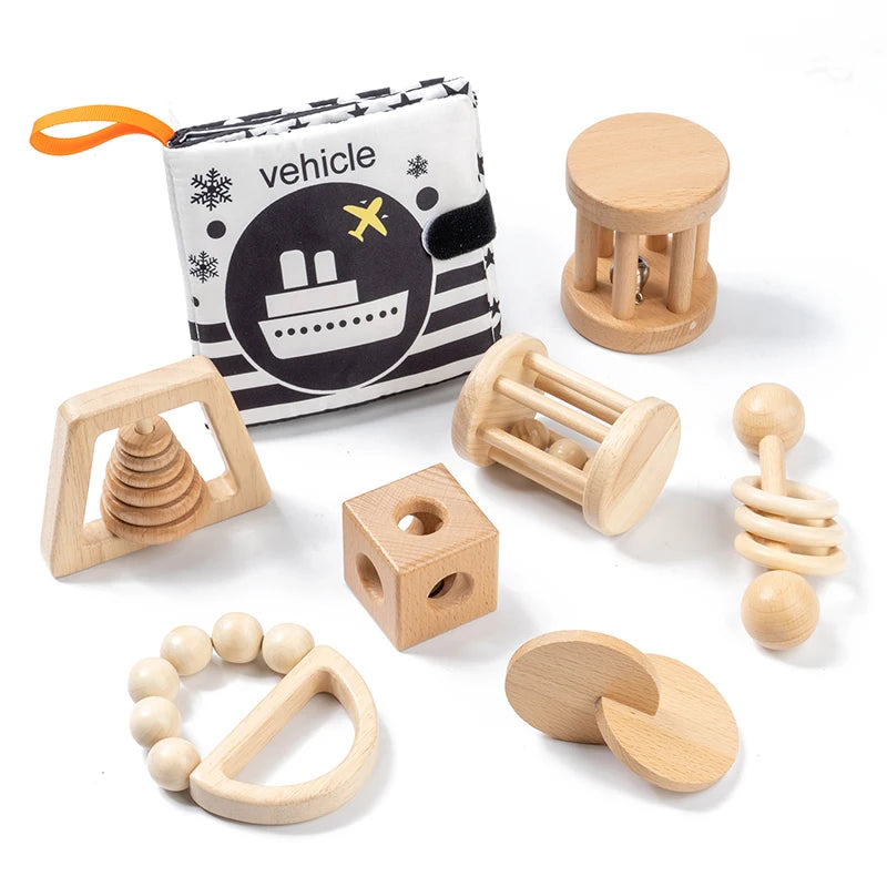 Montessori Wooden Toys Colorful Baby Rattle Set Safe Food Grade Wood Rattle Soother Bracelet Set Toddler Toy Bell Gift Good Vibrations