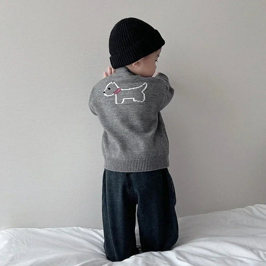 Children's Round Neck Sweaters Autumn New Dog Pattern Baby Clothings Japanese and Korean Grey Knitted Sweaters Cute Top Cardigan Good Vibrations