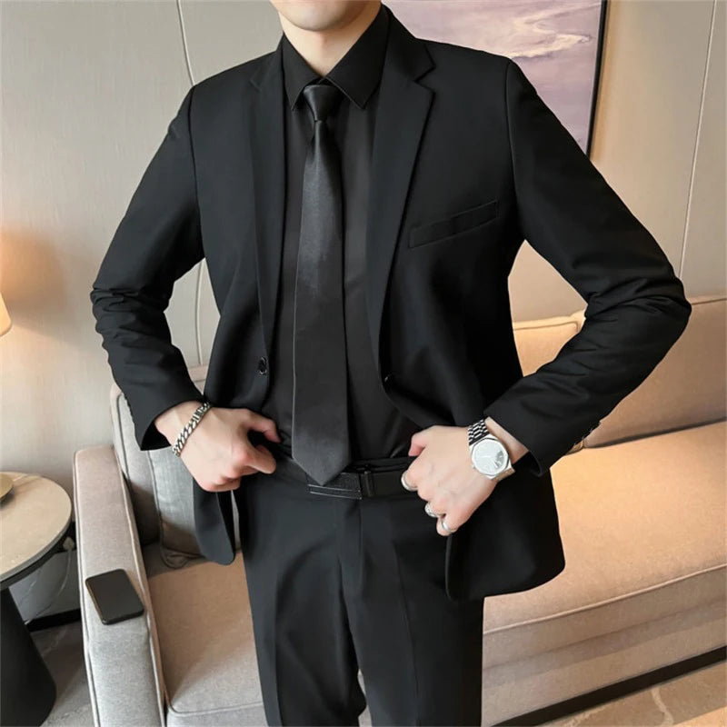 Suits for Men Korean Fashion Long Sleeve Slim Fit Wedding Business Blazer Black Professional Formal Suit Pants Sets Ropa Hombre Good Vibrations
