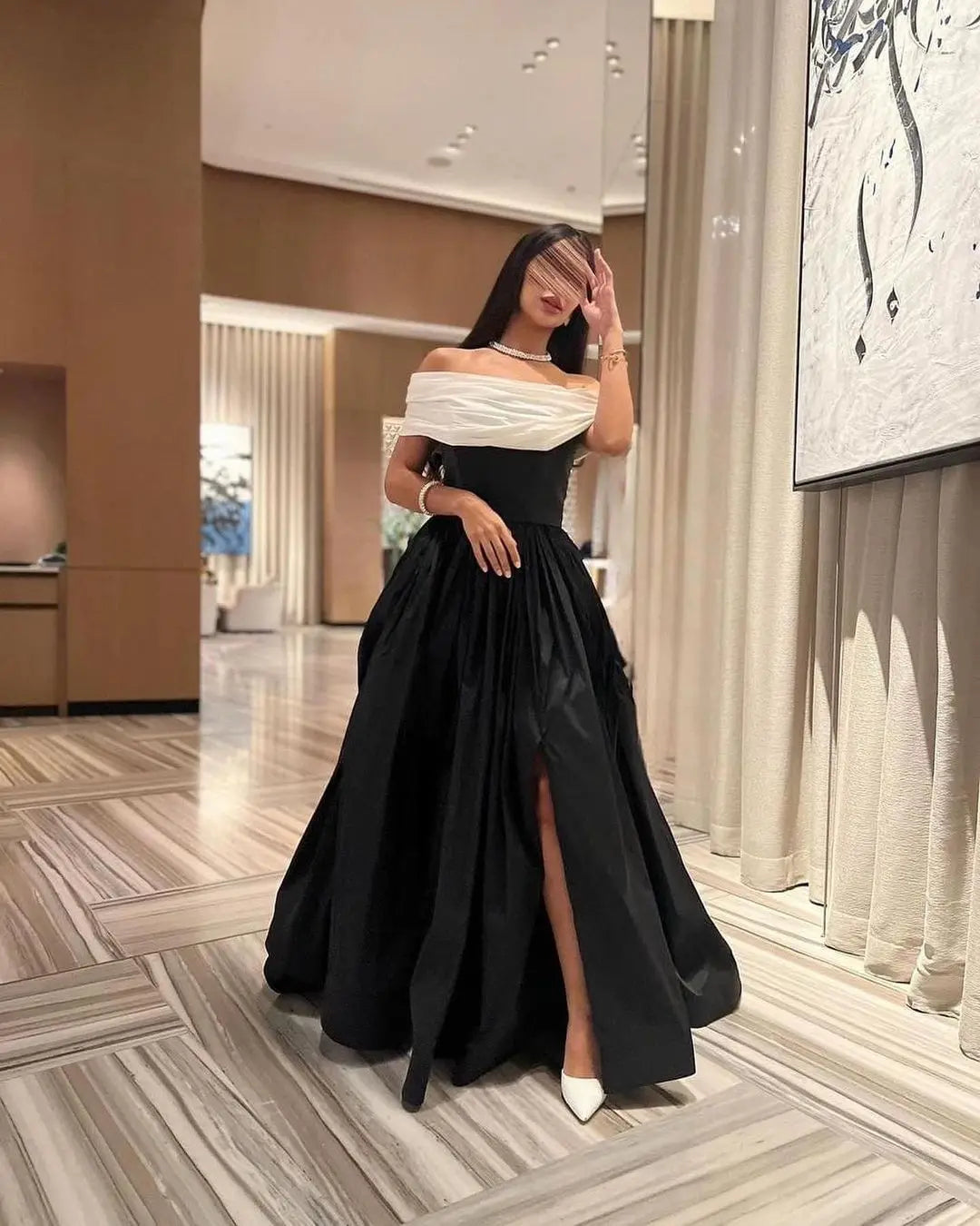 White Black Evening Dresses For Wedding Party 2024 Off Shoulder Formal Prom Dress Arabic Party Gown Customized