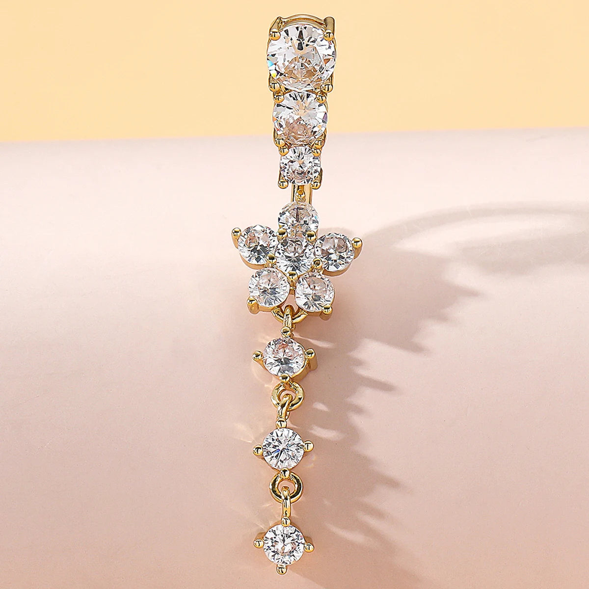 Gold Color Stainless Steel Belly Button Ring Long Dangled Flower CZ Crystal Navel Belly Piercing Rings for Women Sexy Jewelry Good Vibrations Adult Super Store