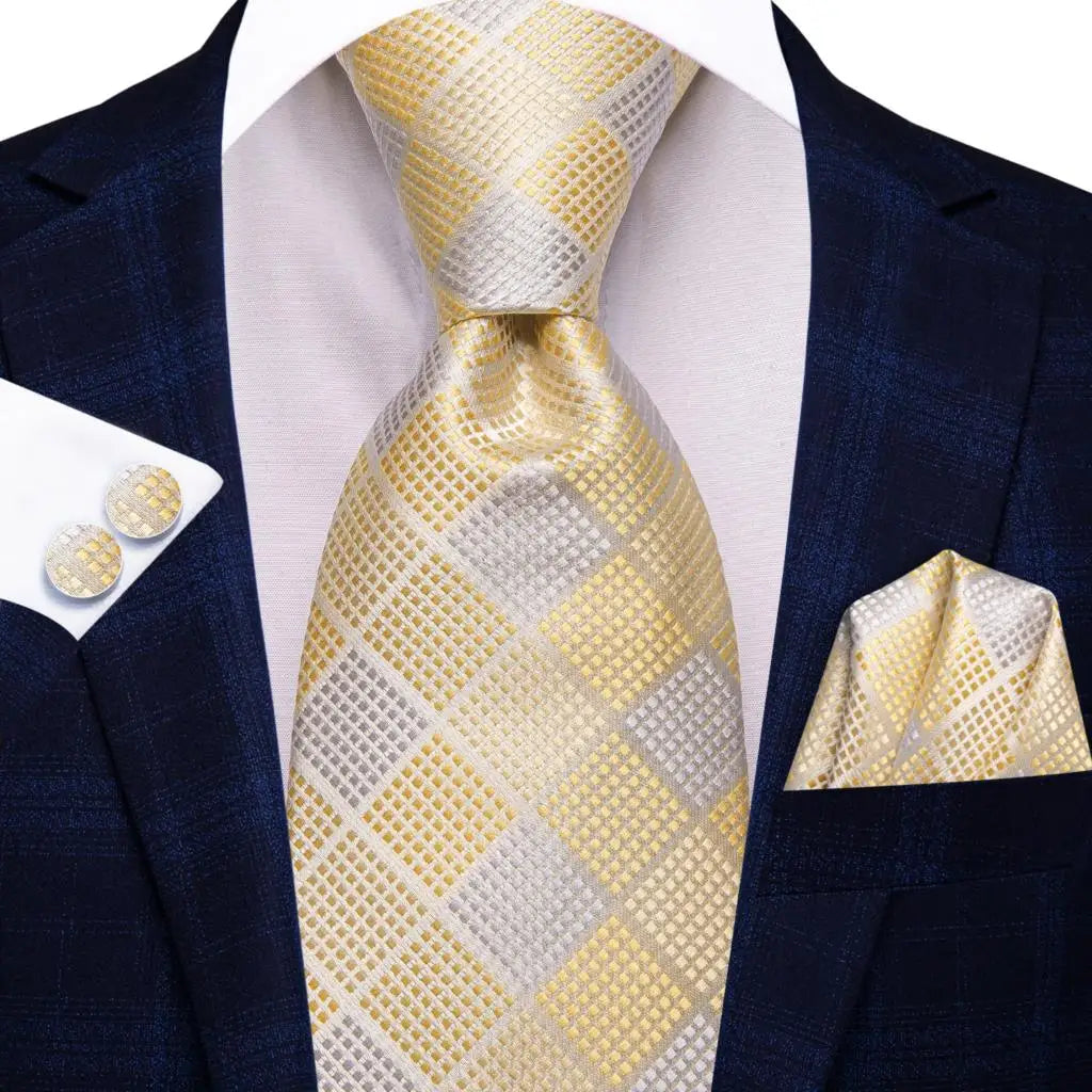 Hi-Tie Champagne Gold Striped Paisley Solid Men Silk Wedding Tie Fashion Design Necktie For Men Hanky Cufflink Business Party Good Vibrations
