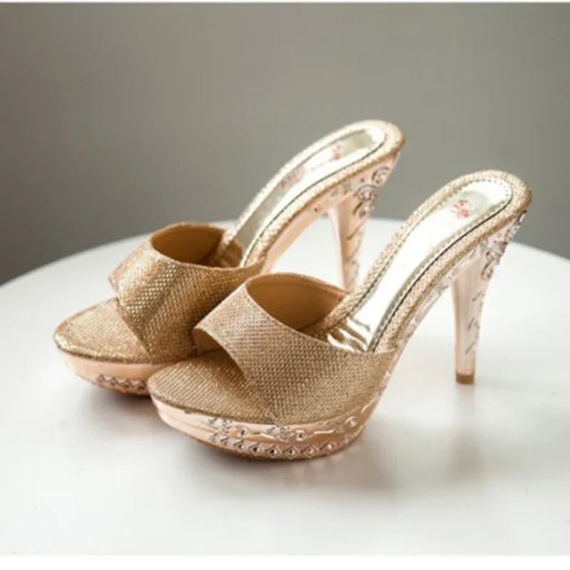 Summer Women Sandals Rhinestone Women Shoes Sexy High Heels Shoe Ladies Sandalias Gold Silver Women Slippers Heeled Sandals Sexy Good Vibrations