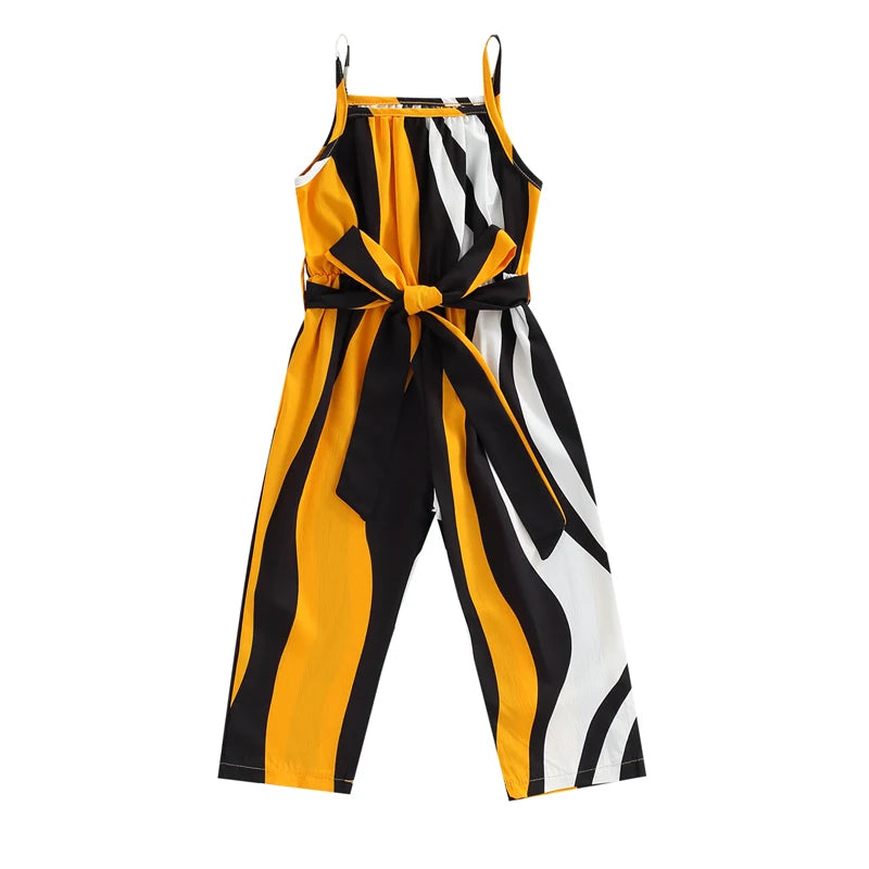 Girls Casual Bandage Sleeveless Suspender Jumpsuit Summer Fashion Stripe Printing Overalls Long Pants Children's Clothing Good Vibrations