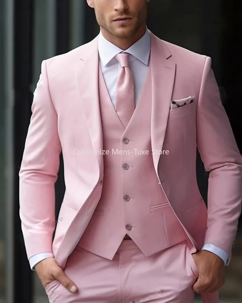 New Beige Suit Men Business Tuxedos Formal 3 Piece Set Jacket Vest Pants Single Breasted Groom Groomsman Prom Wedding Party Good Vibrations