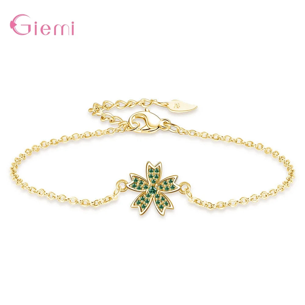 Charm 925 Sterling Silver Jewelry Sets Shiny Cherry Blossoms Cubic Zircon Necklace Earrings Bracelet for Women Girls Party Gift Good Vibrations