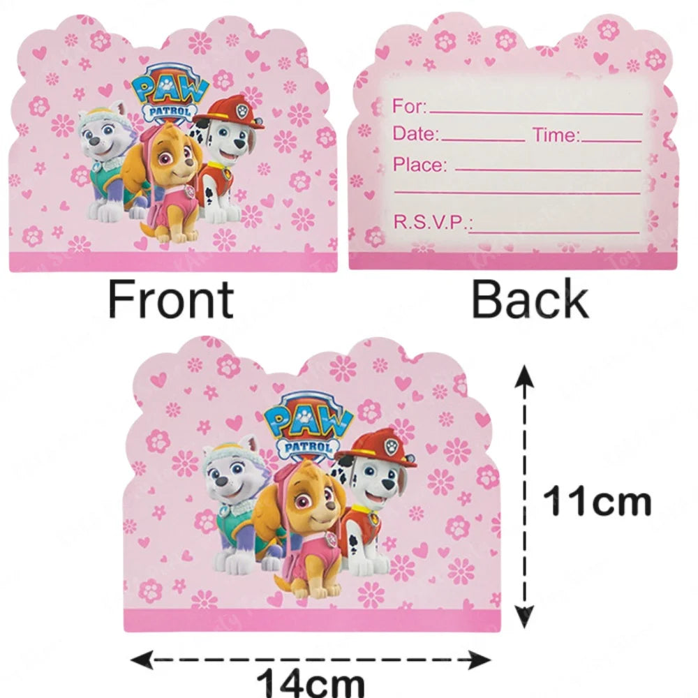 10/20/30Pcs Pink Skye Paw Patrol Party Invitations Girls Paper Cartoon Invitation Cards for Kids Birthday Baby Shower Decoration Good Vibrations