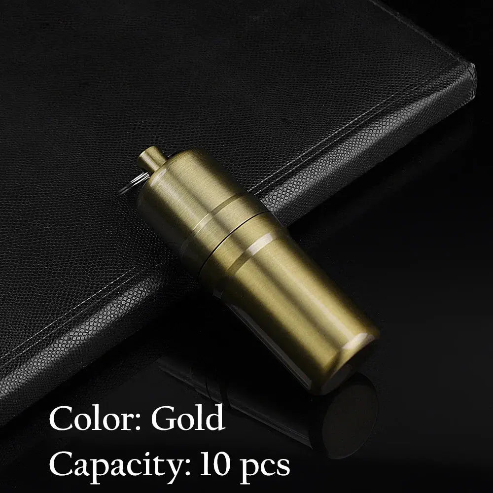 Gold portable metal cigarette case with keychain, capacity 10 cigarettes.