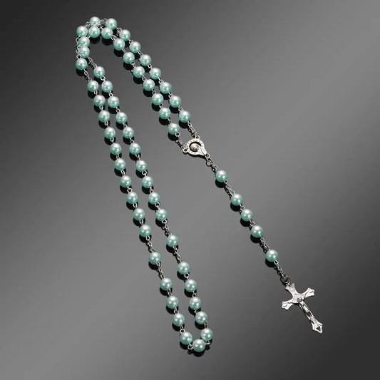 Fashion Vintage Cross Necklace Rosary Beads Chain Jesus Crucifix Virgin Mary Pendant Chain Jewelry Necklace Good Vibrations