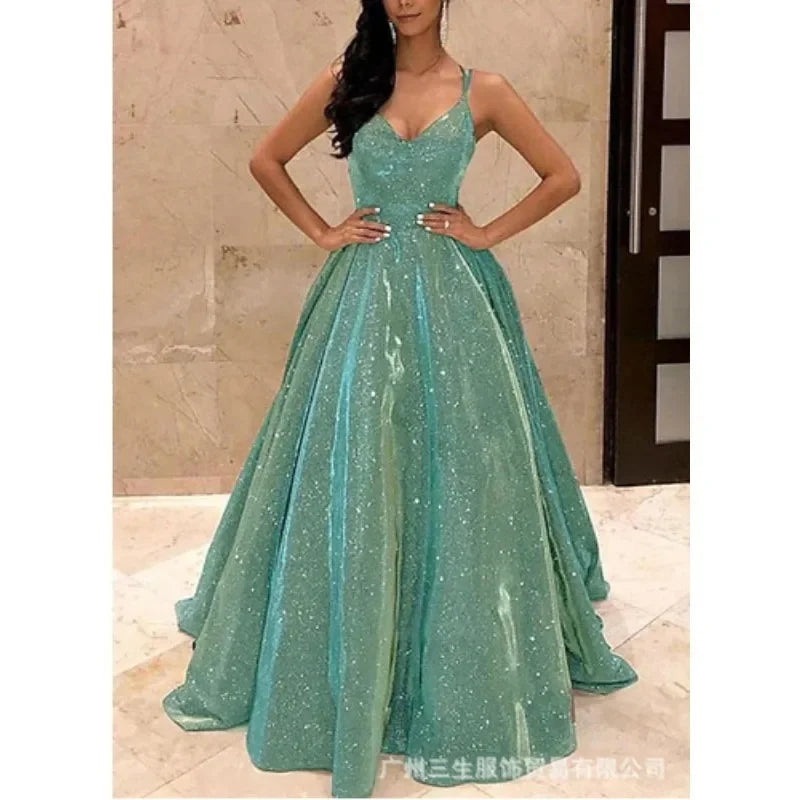 Sexy Strap V Neck Halter Glossy Guest Graduation Celebrity Evening Floor Length Dress Elegant Luxurious Women Corset Party Dress Good Vibrations