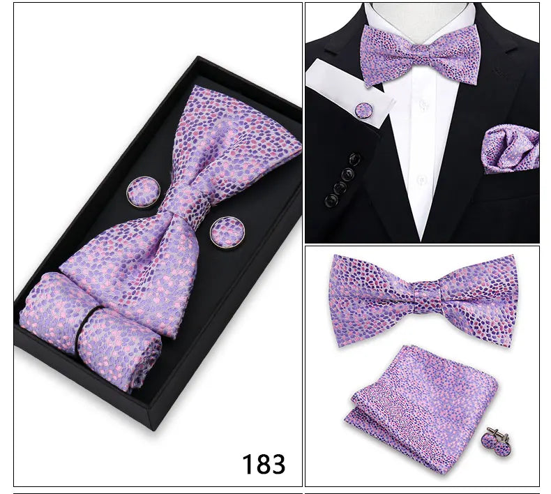Bowtie For Men Set Gift Box Business Gift Fashion Bow Tie Pocket Square Cufflinks Set Bowtie 3pcs For Wedding Hanky Cravata Neck Good Vibrations