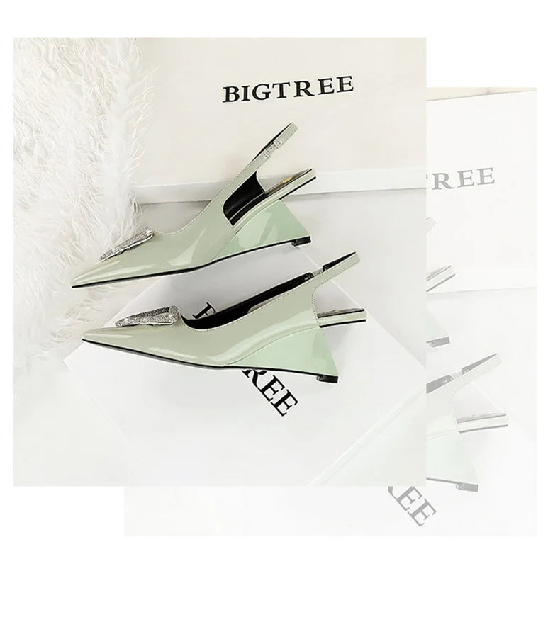 Wedges Women Shoes High Heel Shallow Pointed Toe Hollow Back Straps Patent Leather Triangle Metal Crystal Buckle Pumps Good Vibrations