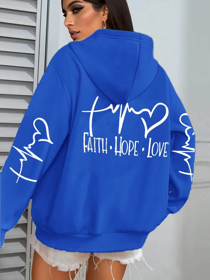 Faith Hope Love Letter Graphic Printed Women Hoodies Fleece Harajuku Hoody Casual Loose Y2K Clothes Pocket Autumn Pullover Good Vibrations