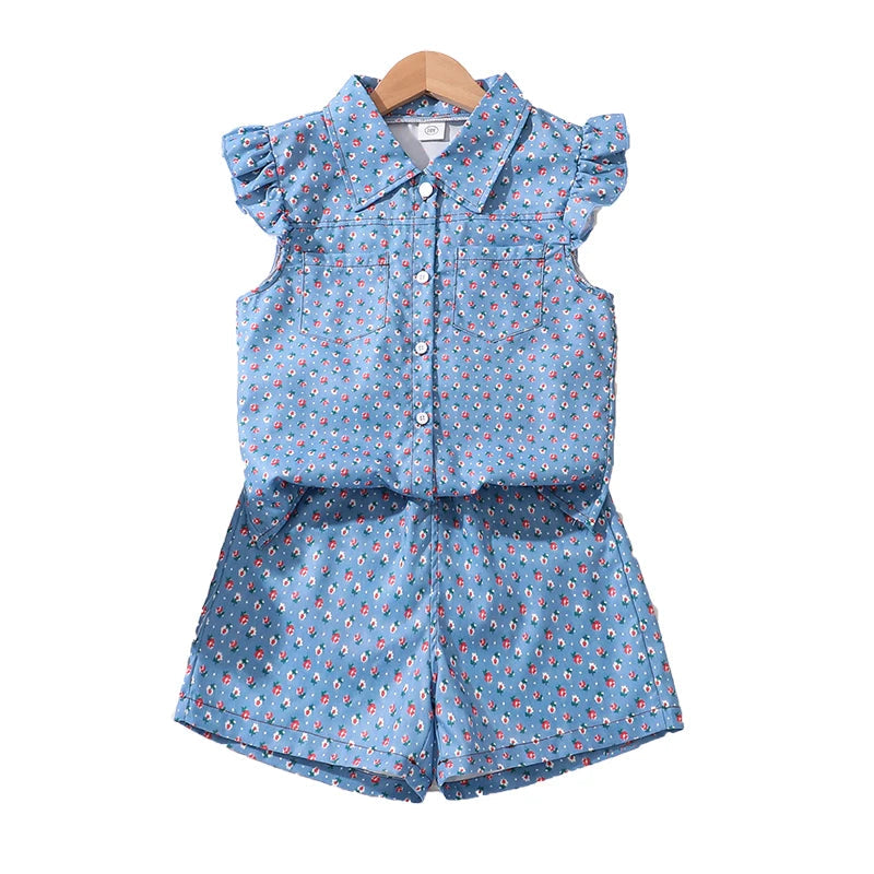 Girls Clothing  Sets Light Blue Flowers Printed Button-Down Sleeveless Top & Shorts 2 PCS Korean Style Kids Sets Daily Clothes Good Vibrations