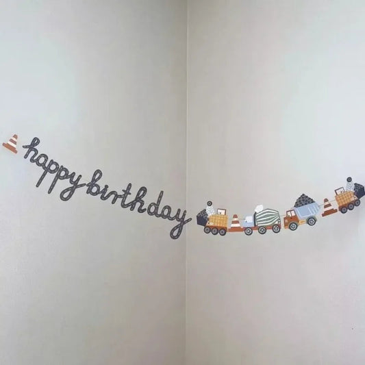 Building Construction Themed Happy Birthday Banner Party Decoration Tractor Excavator Flag Kids Boys Party Supplies Baby Shower Good Vibrations
