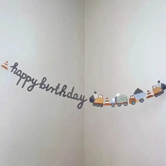 Building Construction Themed Happy Birthday Banner Party Decoration Tractor Excavator Flag Kids Boys Party Supplies Baby Shower Good Vibrations