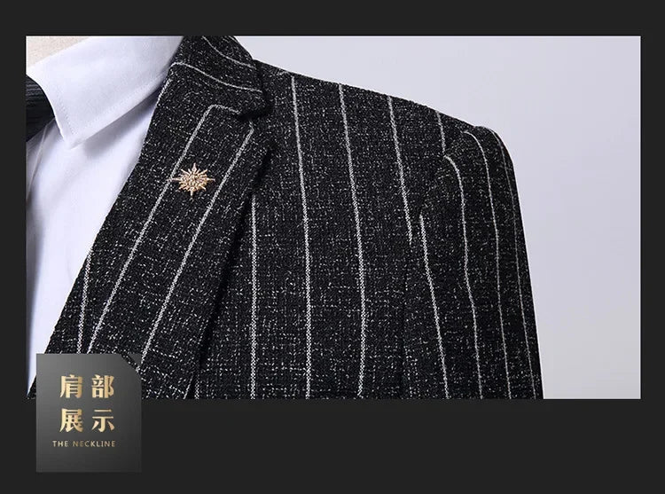 2025 Suit (suit + Vest + Trousers) Single Button Fashion Business Vertical Stripe Gentleman Suit Korean Suit Three-piece Suit Good Vibrations